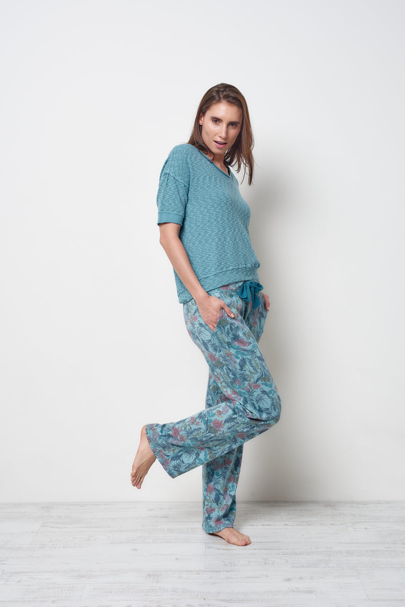 Short Sleeve Knit Top with Rolled Neckline StoneFlowers 