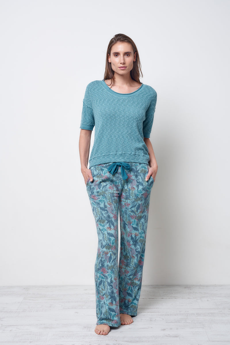 Short Sleeve Knit Top with Rolled Neckline StoneFlowers 